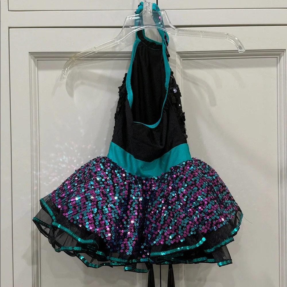 Glamour Costumes Small child. Sparkling Black & Teal Kids Dance Costume Dress-up